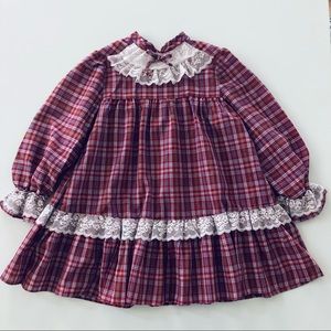 Vintage USA Girls Lace Plaid Long Sleeve Dress